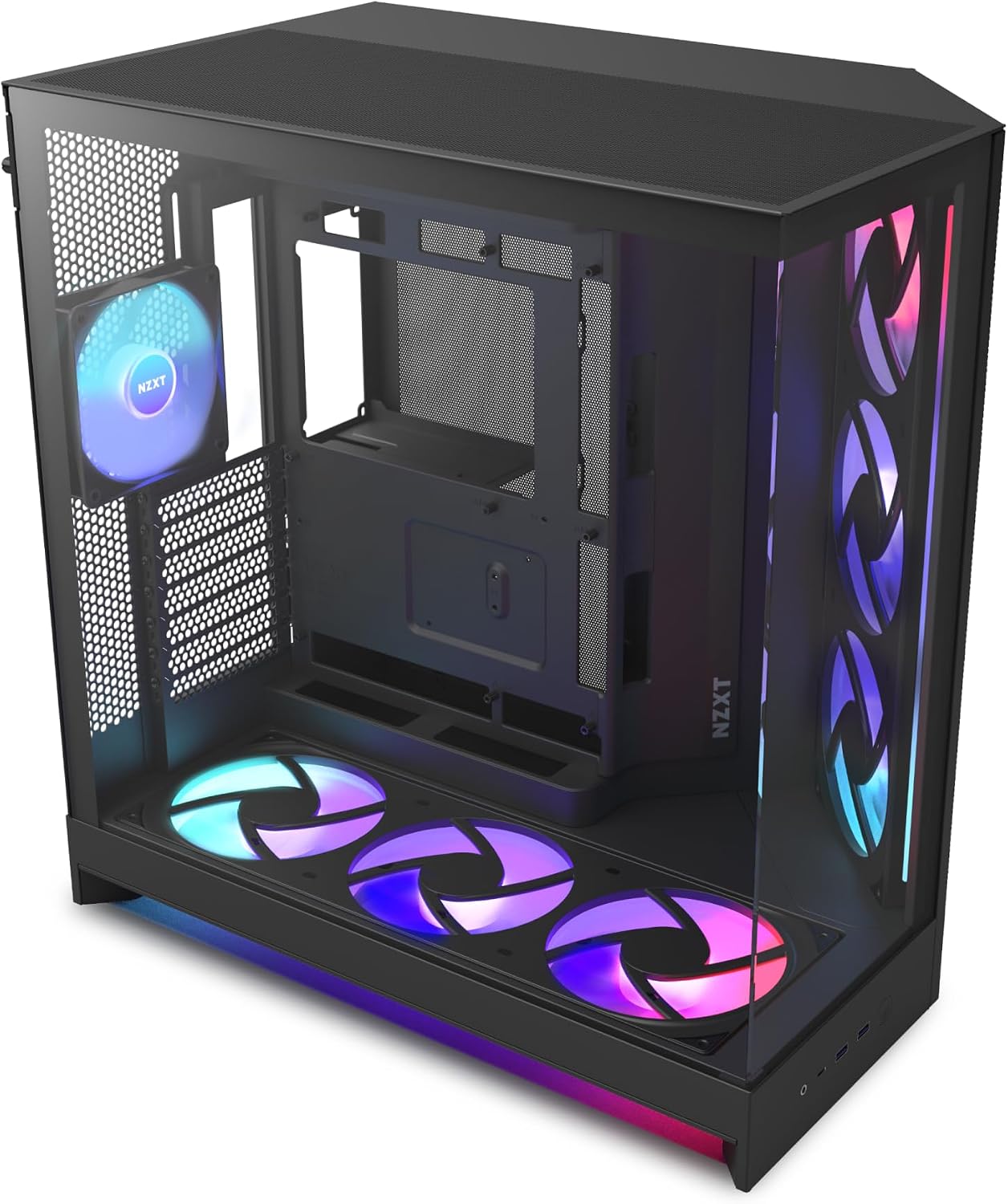 NZXT H9 Flow RGB+ (2025) – Large Dual-Chamber ATX Mid-Tower Airflow PC Case – Includes 7 RGB Fans (6 x 140mm, 1 x 120mm) & Control Hub – 420mm Radiator Support – Back-Connect Ready – Black