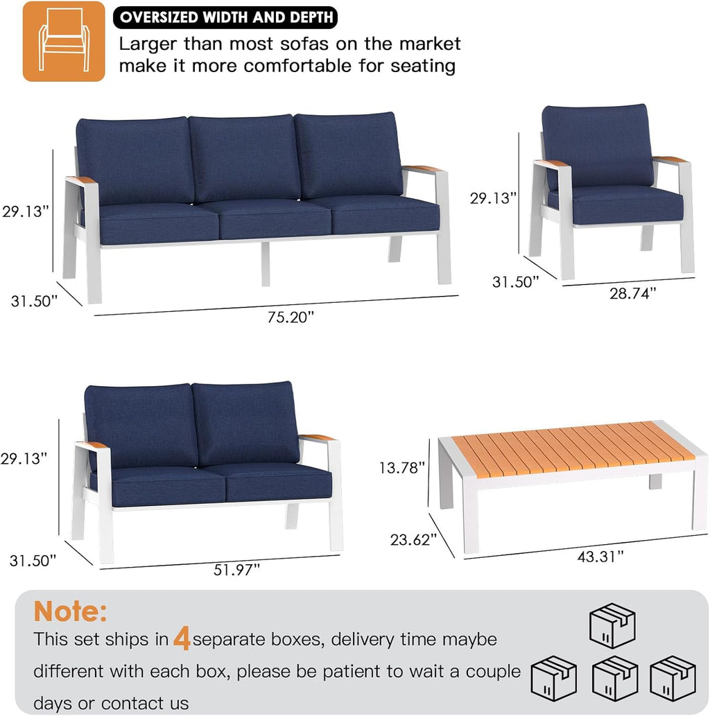 Outdoor Couch Aluminum Patio Furniture Set, All-Weather Metal Loveseat Sofa with Solid Teak Armrest and Thick Cushions, Blue