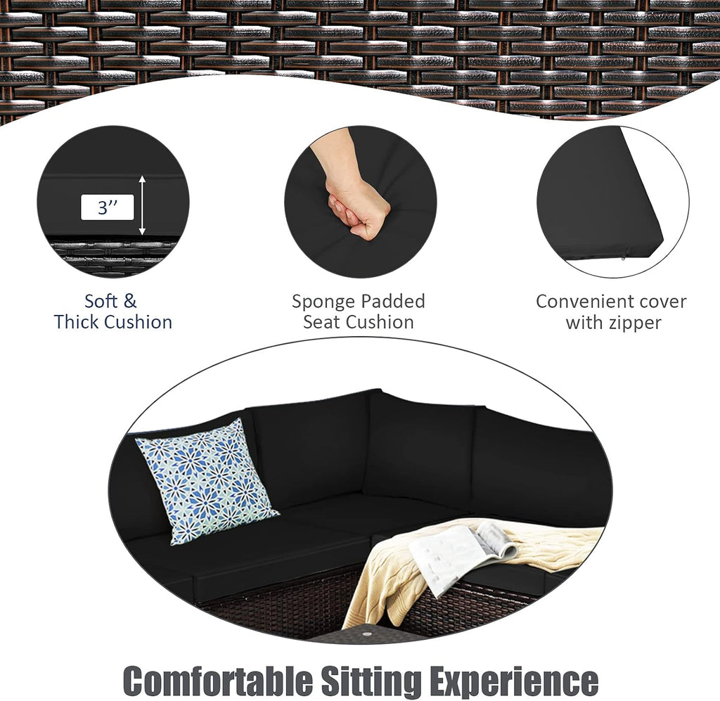 Tangkula 6 Pieces Patio Furniture Set, Outdoor Rattan Sofa Set, Wicker Conversation Set w/Tempered Glass Coffee Table & Cushions, Sectional Sofa Set for Backyard, Garden, Balcony, Poolside (Black)
