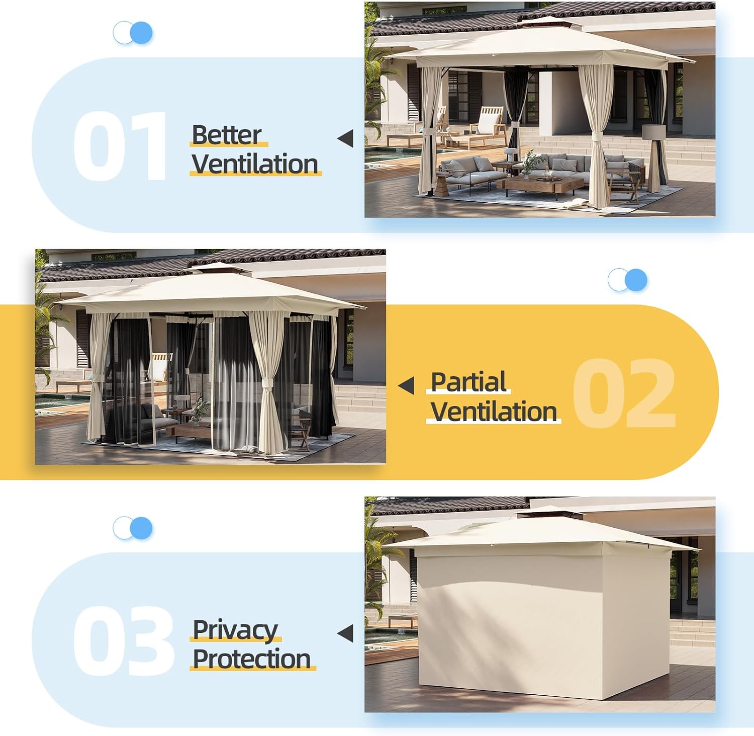 MELLCOM 10'x10' Outdoor Gazebo Kahaki for Patio, Heavy Duty Party Tent with Double Roofs, Outdoor Canopy with Curtains and Nettings for Deck, Lawn and Backyard