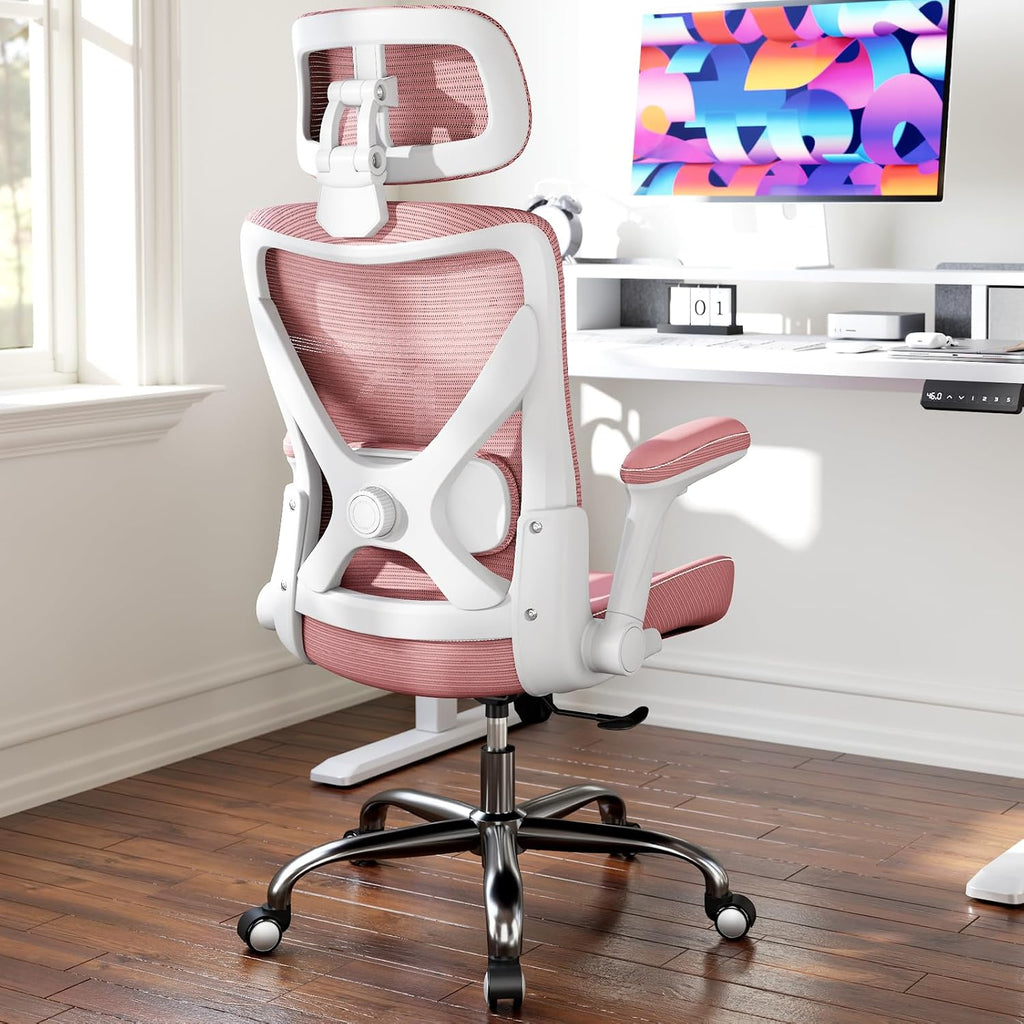 Ergalithic Office Home Ergonomic Desk Chair-Computer X-Shaped Chair Mesh PU Leather with Adjustable Lumbar Support-Executive Chair High Back with Headrest Flip-Up Arms for Long Hours (Dark Pink)