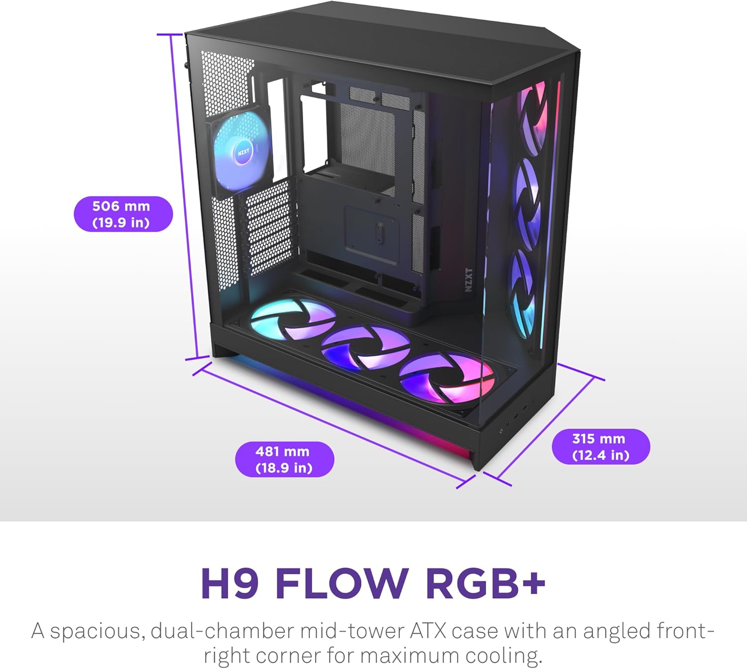 NZXT H9 Flow RGB+ (2025) – Large Dual-Chamber ATX Mid-Tower Airflow PC Case – Includes 7 RGB Fans (6 x 140mm, 1 x 120mm) & Control Hub – 420mm Radiator Support – Back-Connect Ready – Black