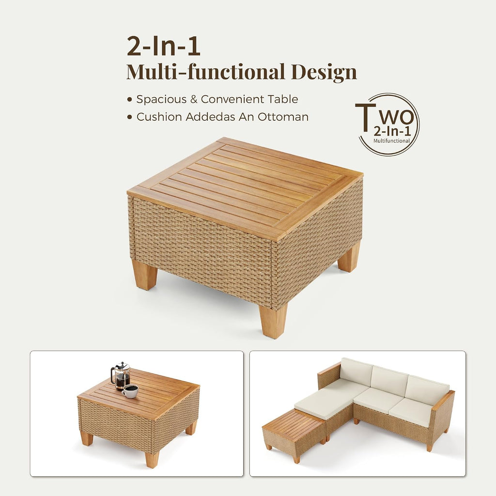 MIXPATIO Wicker Outdoor Patio Furniture Set 3 Pieces Patio Chaise Longue Conversation Set, Rattan L-Shaped Sofa Couch with Acacia Wood Coffee Table for Deck Porch and Garden