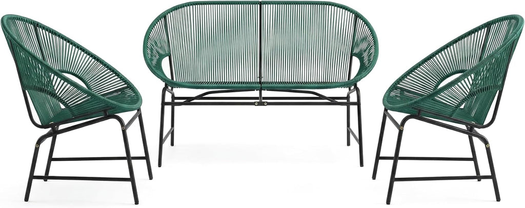 Christopher Knight Home Dessa 3 Piece Patio Furniture Set, Wicker Patio Loveseat Sofa and Accent Chair Set of 2, Metal Double Papasan Chair, Teal
