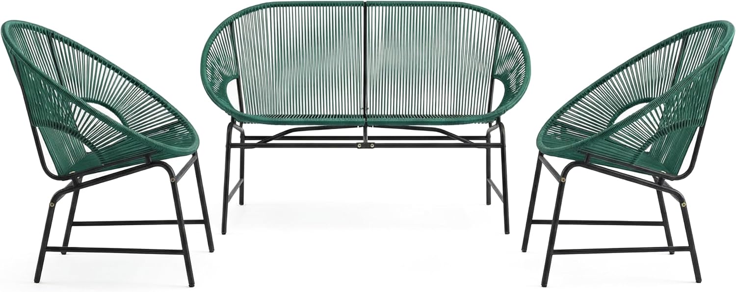 Christopher Knight Home Dessa 3 Piece Patio Furniture Set, Wicker Patio Loveseat Sofa and Accent Chair Set of 2, Metal Double Papasan Chair, Teal