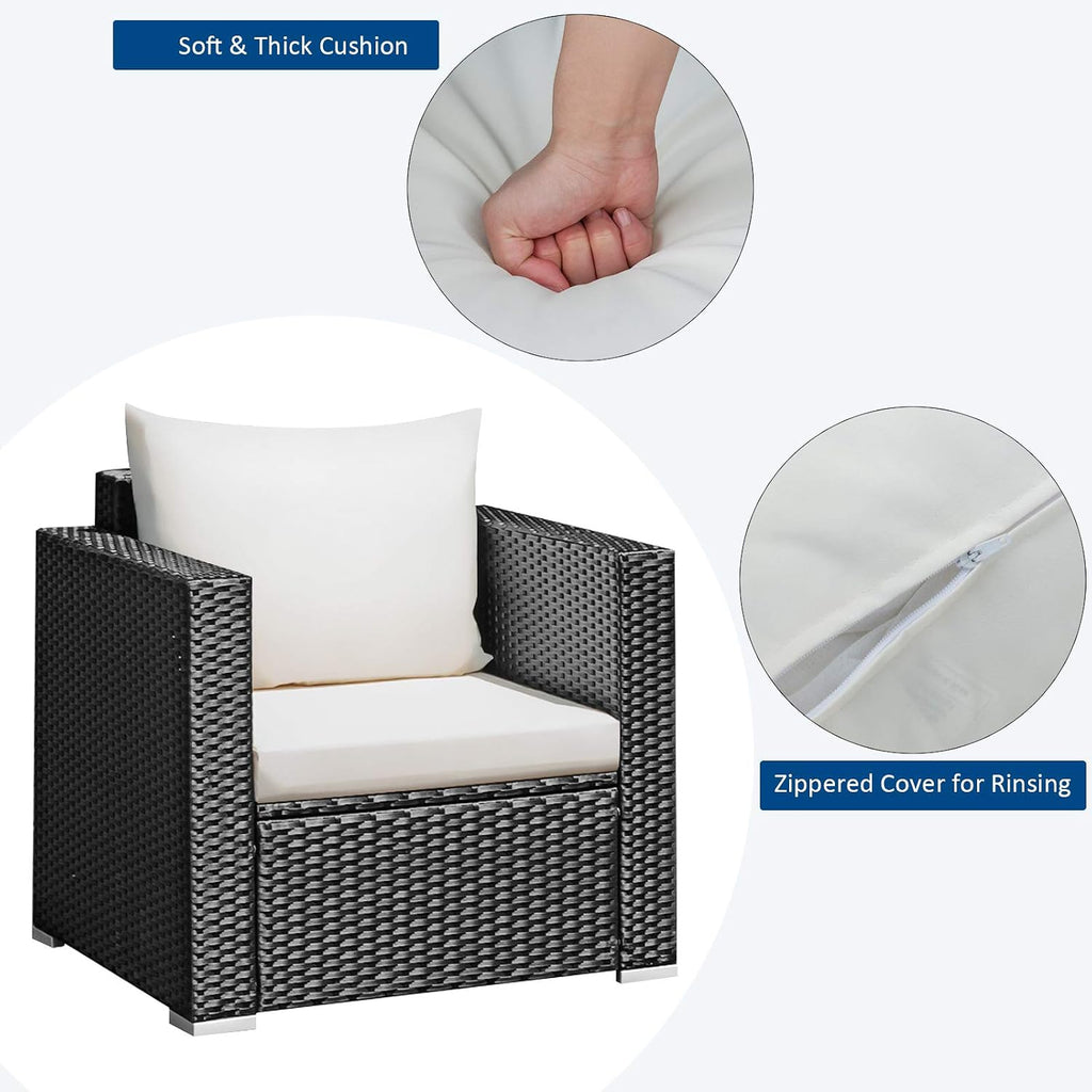 COSTWAY 3-Piece Outdoor Patio Furniture Set, Cushioned Armchairs and Tempered Glass Coffee Table, Wicker Rattan Sofa Set for Garden, Balcony, Backyard (White)