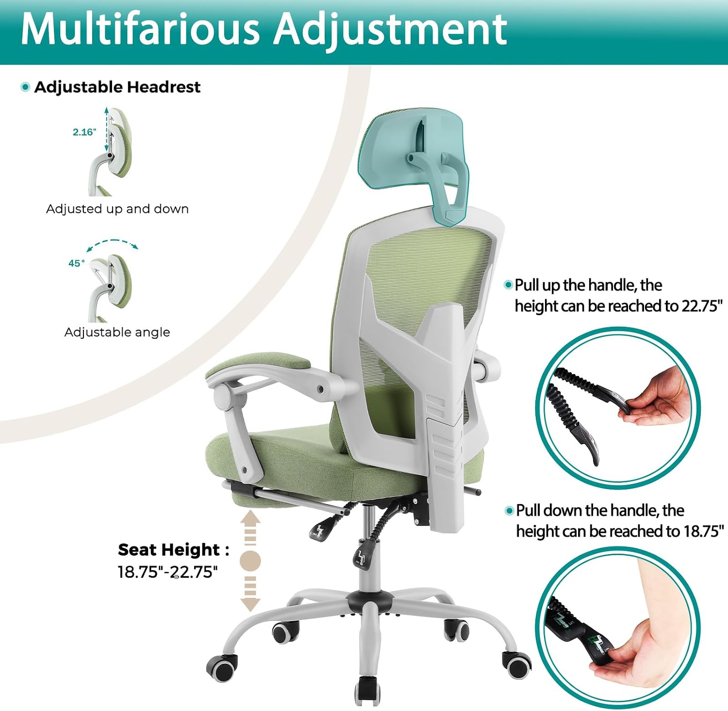 DUMOS Office Desk Chair with Footrest Ergonomic Gaming Chair for Adults Computer Mesh, Lumbar Support,Swivel Reclining with Headrest, Comfy Armrest for Home, Office, Work, Study, Light Green