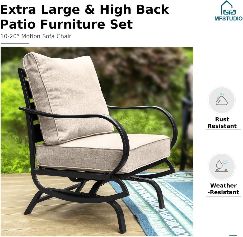 MFSTUDIO 4 Pieces Patio Conversation Sets, All Weather Metal Frame Outdoor Furniture Set Patio Sofas with 1 x 45 Rectangular Propane Fire Table, 1 x 3-Seat Sofa, 2 x Rocking Chairs, Beige Cushion