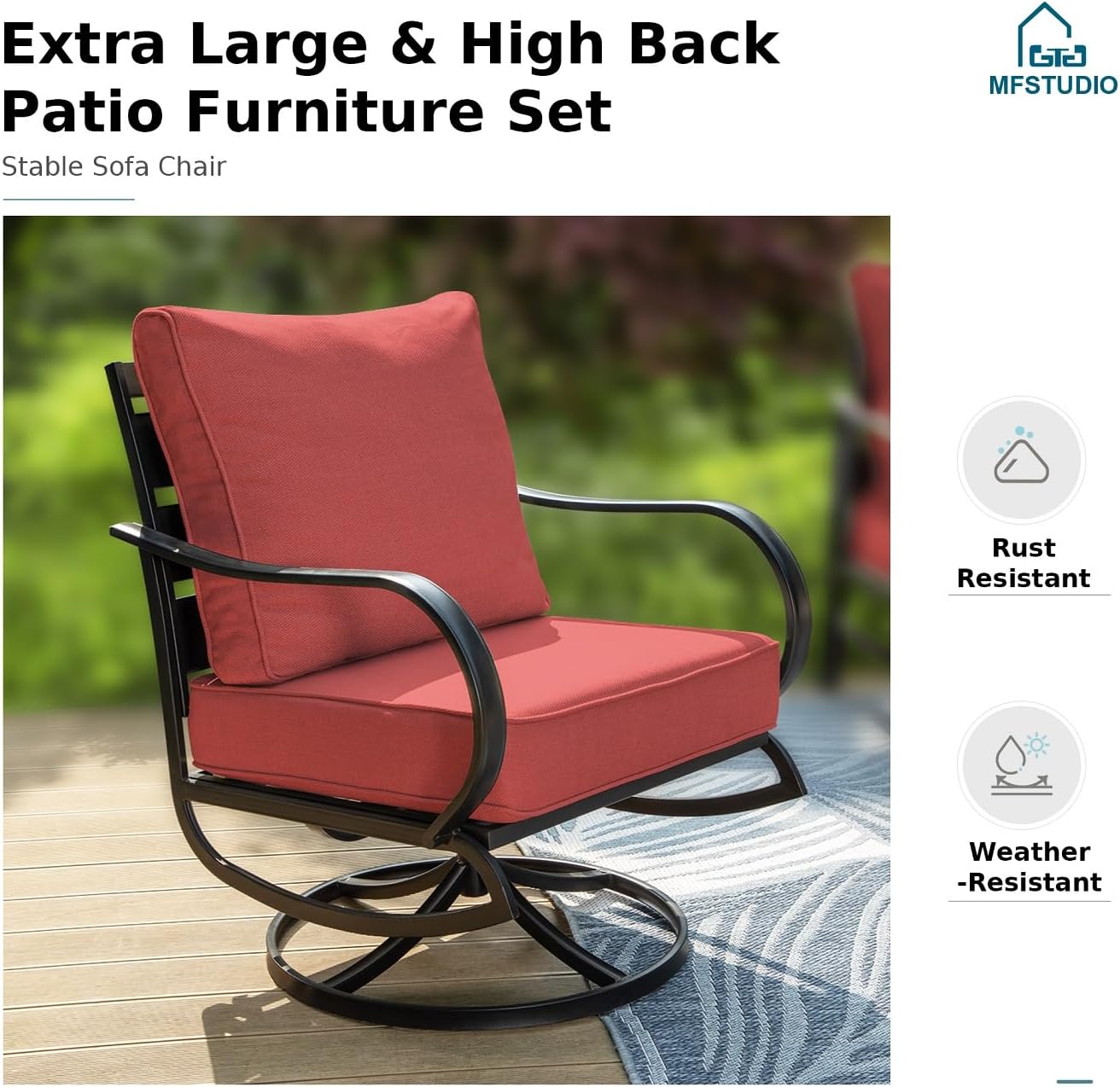 MFSTUDIO 8 Pieces Patio Furniture Sets with 45' Gas Fire Pit Table(Up to 9 Seat),Outdoor Metal Conversation Sofas with 1 x 3-Seat Sofa, 2 Single Chairs,2 Swivel Chairs and 2 Ottoman,Red Cushion