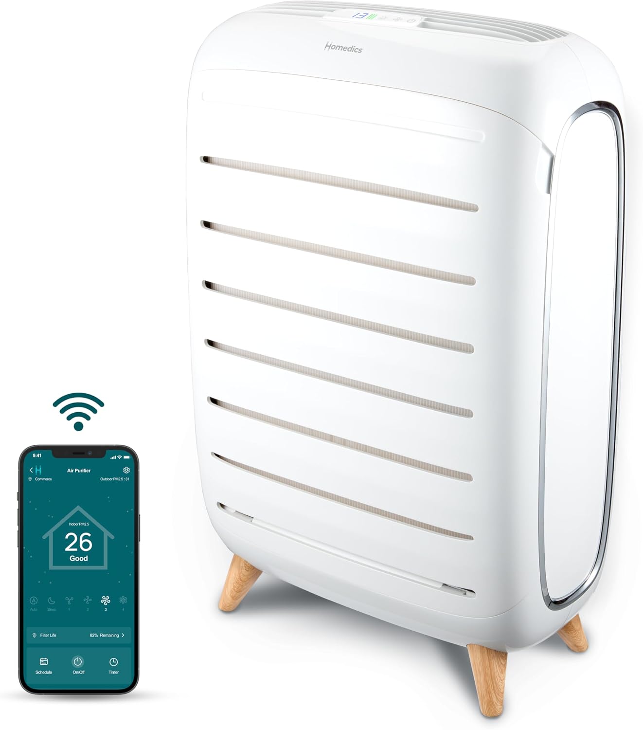 Homedics Smart Air Purifier for Extra-Large Rooms 2679 sq. ft. Room, 4-in-1 Console, True HEPA Filtration, UV-C Technology Reduces Bacteria & Virus, Wi-Fi, Voice Control
