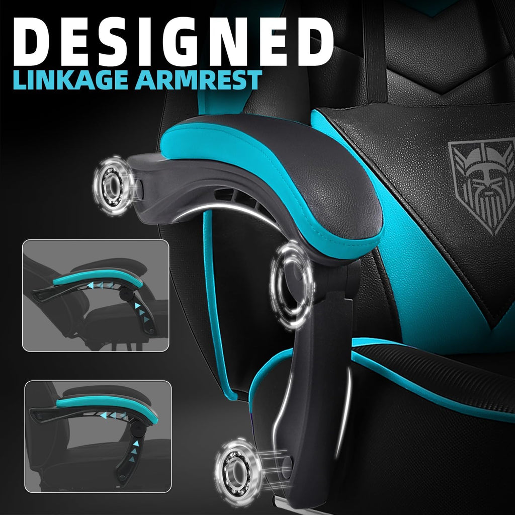 Vonesse Gaming Chair, High Back Gaming Chair with Footrest and Massage, Gaming Chairs for Adults with Pocket Spring Cushion, Big and Tall Reclining Computer Chair with Lumbar Support (Cyan/Black)