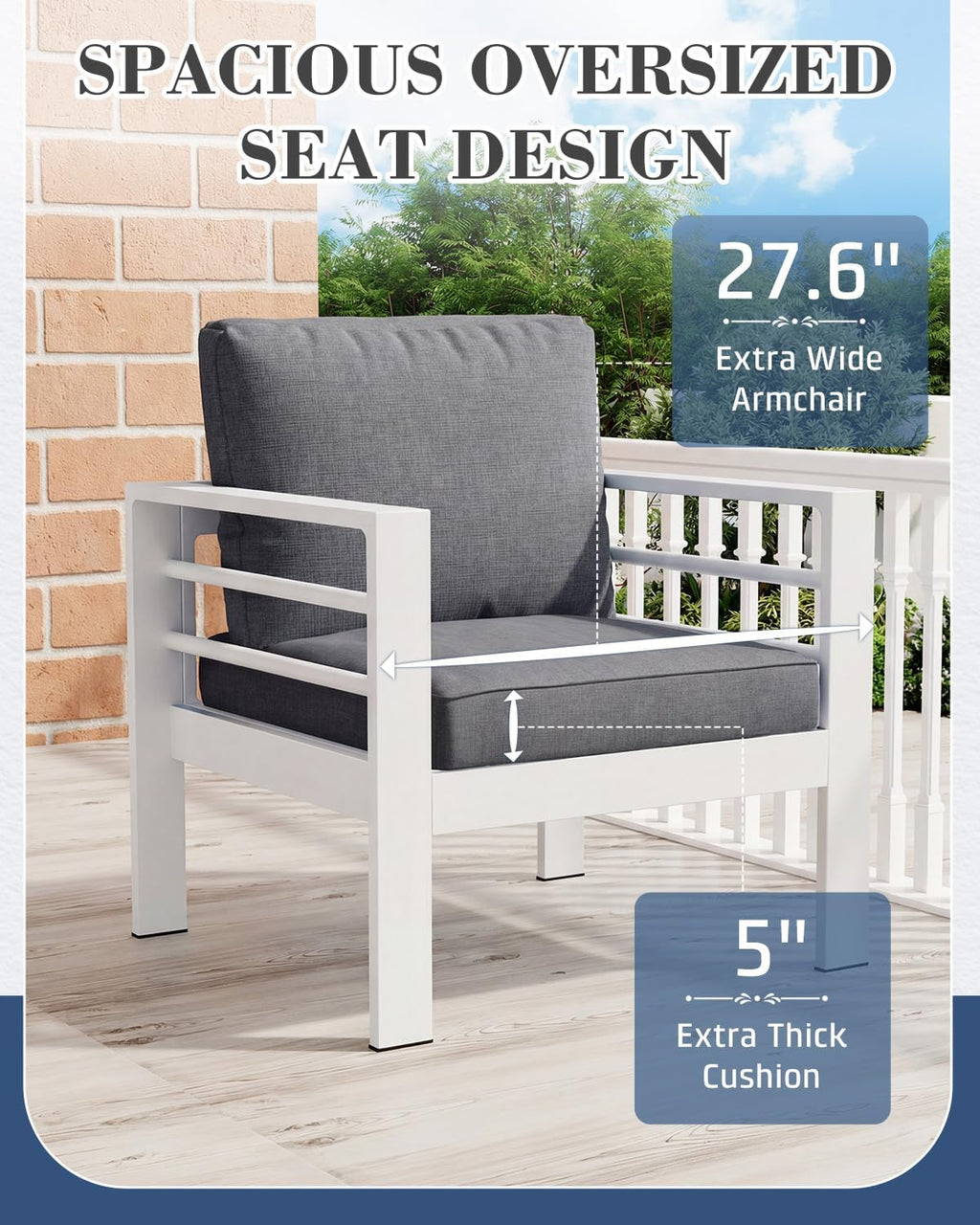 AECOJOY Aluminum Patio Furniture Armchair with Ottoman, Set of 2, Modern Outdoor Furniture with Washable 5 inch Thick Cushion, Dark Gray Cushion