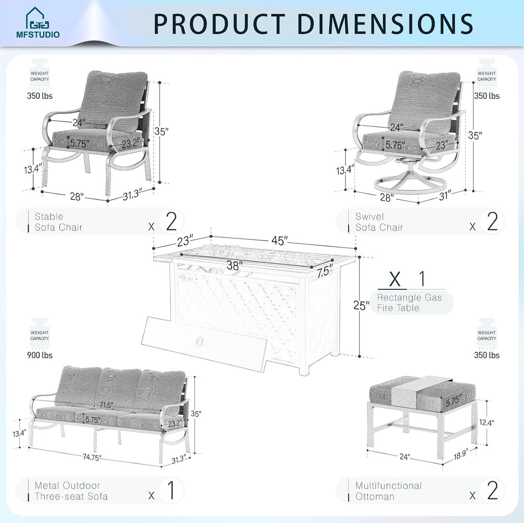 MFSTUDIO 8 Pieces Patio Furniture Sets with 45' Gas Fire Pit Table(Up to 9 Seat),Outdoor Metal Conversation Sofas with 1 x 3-Seat Sofa, 2 Single Chairs,2 Swivel Chairs and 2 Ottoman,Red Cushion