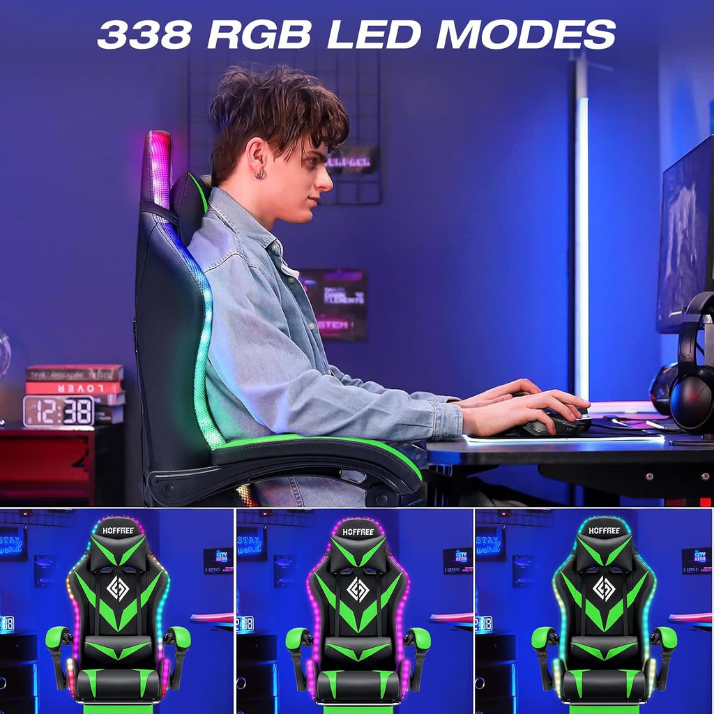 RGB Gaming Chair with LED Lights and Massage Ergonomic Computer Chair with Footrest High Back Video Game Chair with Adjustable Lumbar Support Linkage Armrest Green and Black