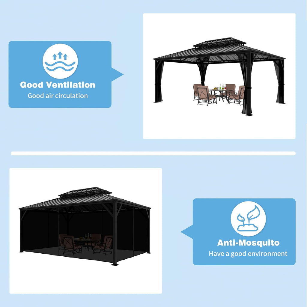 Yardenaler 12x16 FT Hardtop Gazebo Canopy with Double Galvanized Steel Roof, Permanent Outdoor Pavilion with Mesh Netting for Patio, Garden, Backyard, Deck, Black