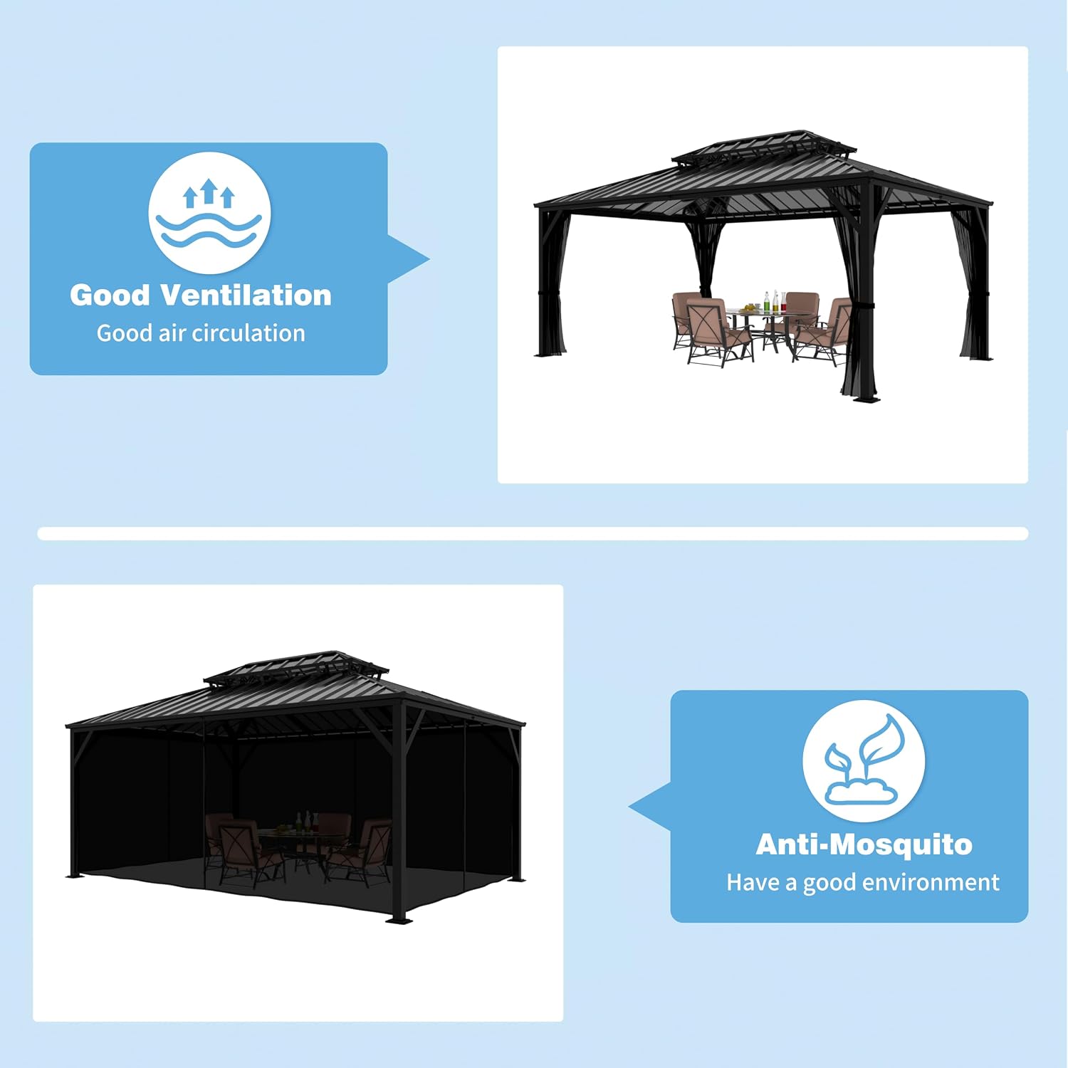 Yardenaler 12x16 FT Hardtop Gazebo Canopy with Double Galvanized Steel Roof, Permanent Outdoor Pavilion with Mesh Netting for Patio, Garden, Backyard, Deck, Black