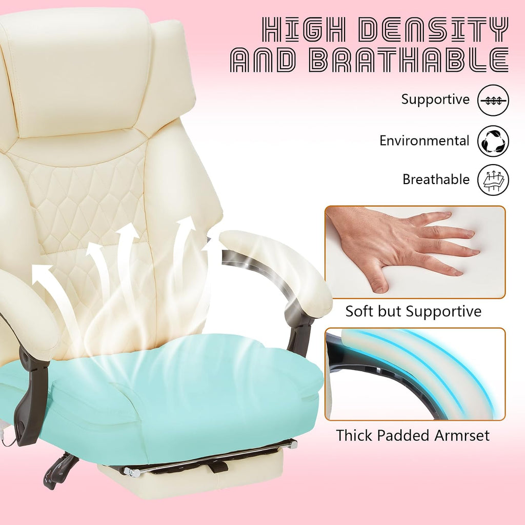 Massage Office Chair with Foot Rest 6 Points Vibration and Heat Home Office Desk Chairs for Heavy People 400lbs Reclining Managerial Chairs Ergonomic Executive Chair (Cream)