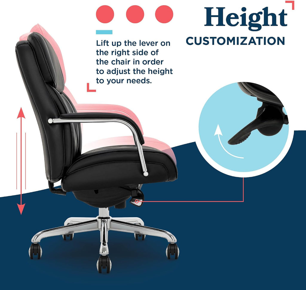 La-Z-Boy Symphony Executive Mid-Back Office Chair, Diamond Quilt Seat and Back, Pocket Coil Cushion, Padded Armrests, Ergonomic Computer DeskChair, Swivel Metal Base, Bonded Leather, Black/Chrome