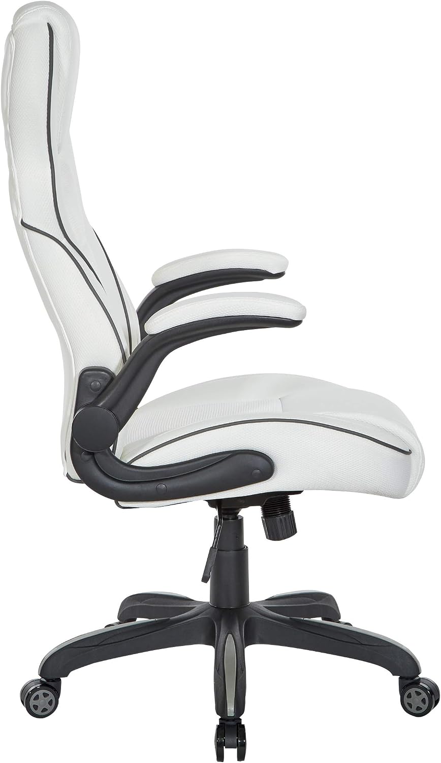 OSP Home Furnishings Xeno Ergonomic Adjustable Faux Leather Gaming Chair with Integrated Headrest and Airflow Cooling Material, White with Black Accents