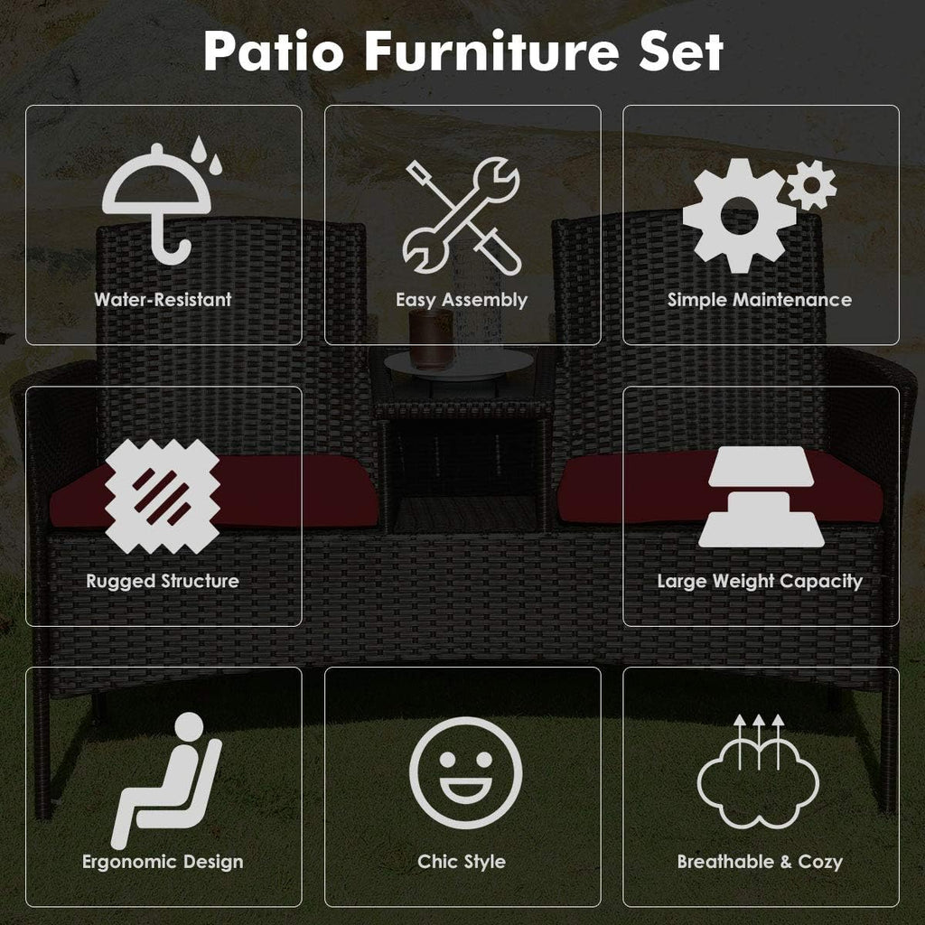 COSTWAY 2-Seat Patio Conversation Sets, Outdoor Patio Loveseat Set with Removable Cushions & Built-in Coffee Table for Backyard, Garden, Lawn, Balcony, Brown+Red