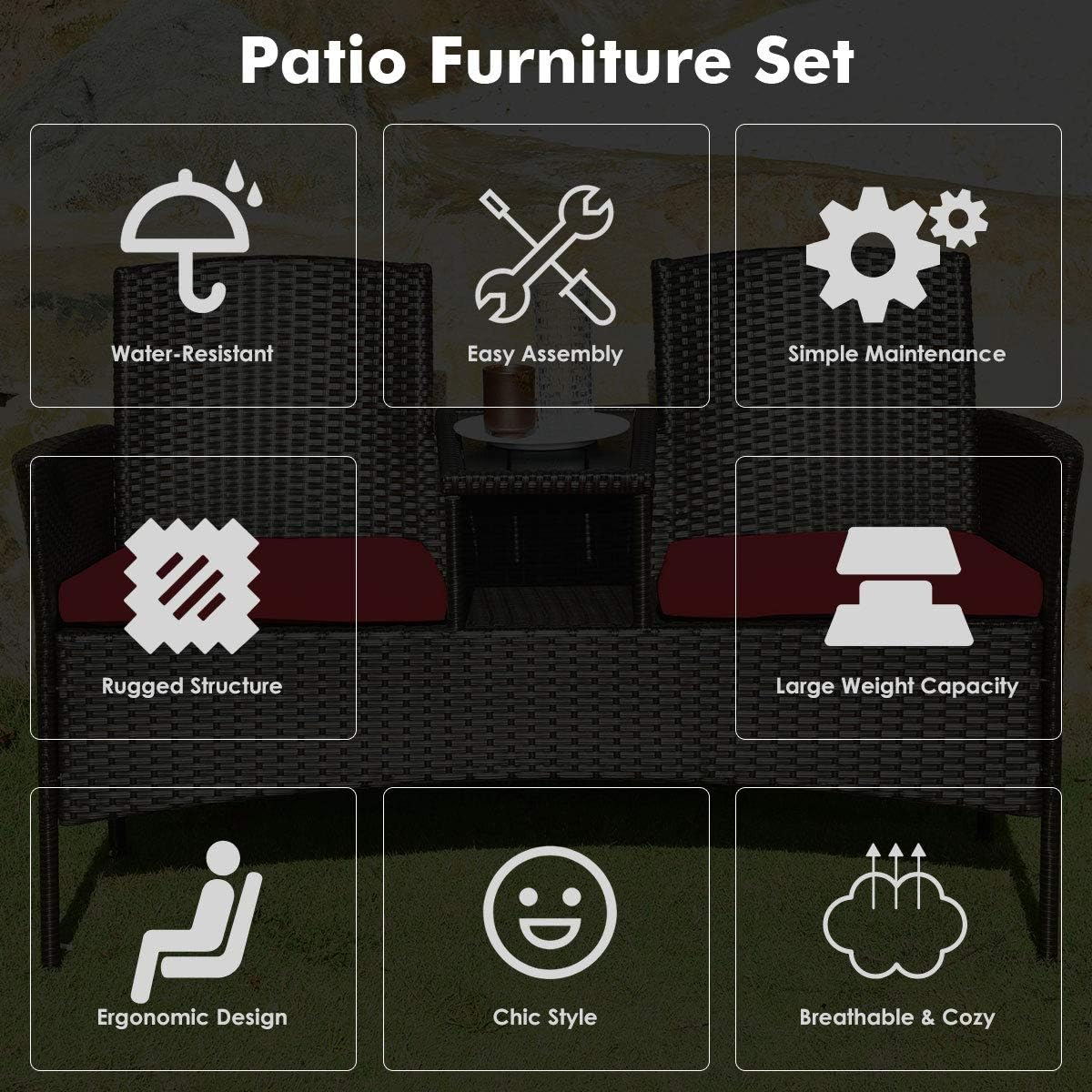 COSTWAY 2-Seat Patio Conversation Sets, Outdoor Patio Loveseat Set with Removable Cushions & Built-in Coffee Table for Backyard, Garden, Lawn, Balcony, Brown+Red