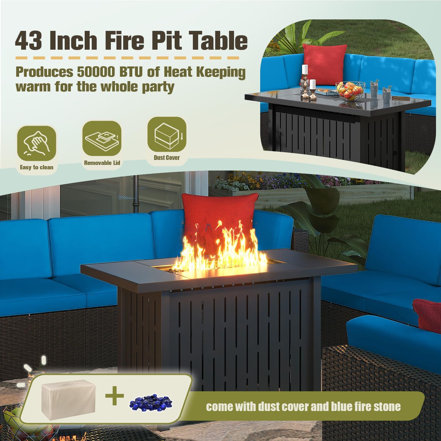 Greesum Patio Furniture Sets 11-Pieces Outdoor PE Rattan Sectional Sofa w/43in Gas Fire Pit Table 55000 BTU Add Warmth to Gatherings Parties On Deck Garden Backyard,Blue