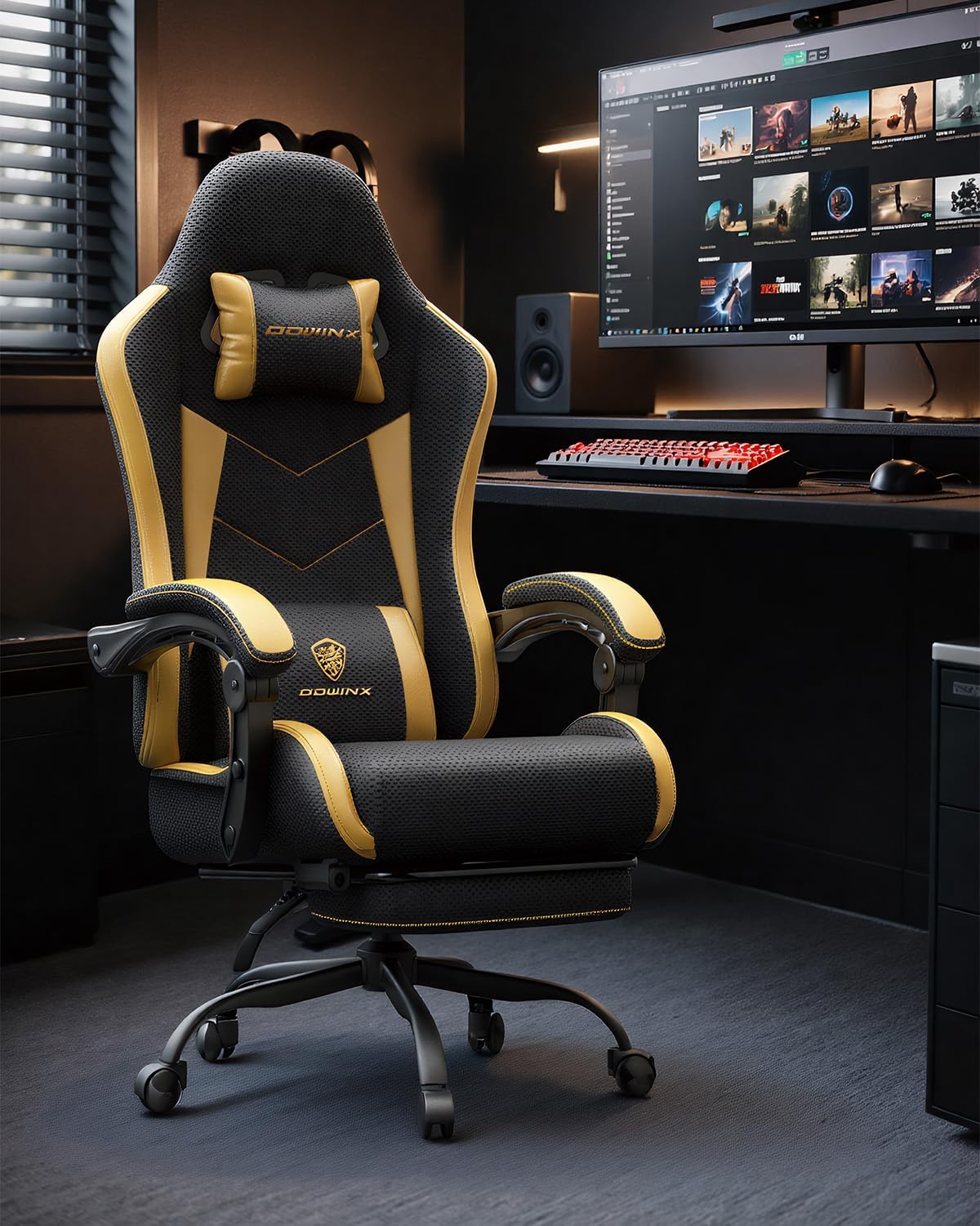 Gaming Chair with Footrest, Ergonomic 330lbs Leather Mesh Chair, Massage Lumbar Support,Adjustable Height & Headrest,Breathable Seat for Office, Home, Streaming, Long Gaming Sessions, Black and Golden