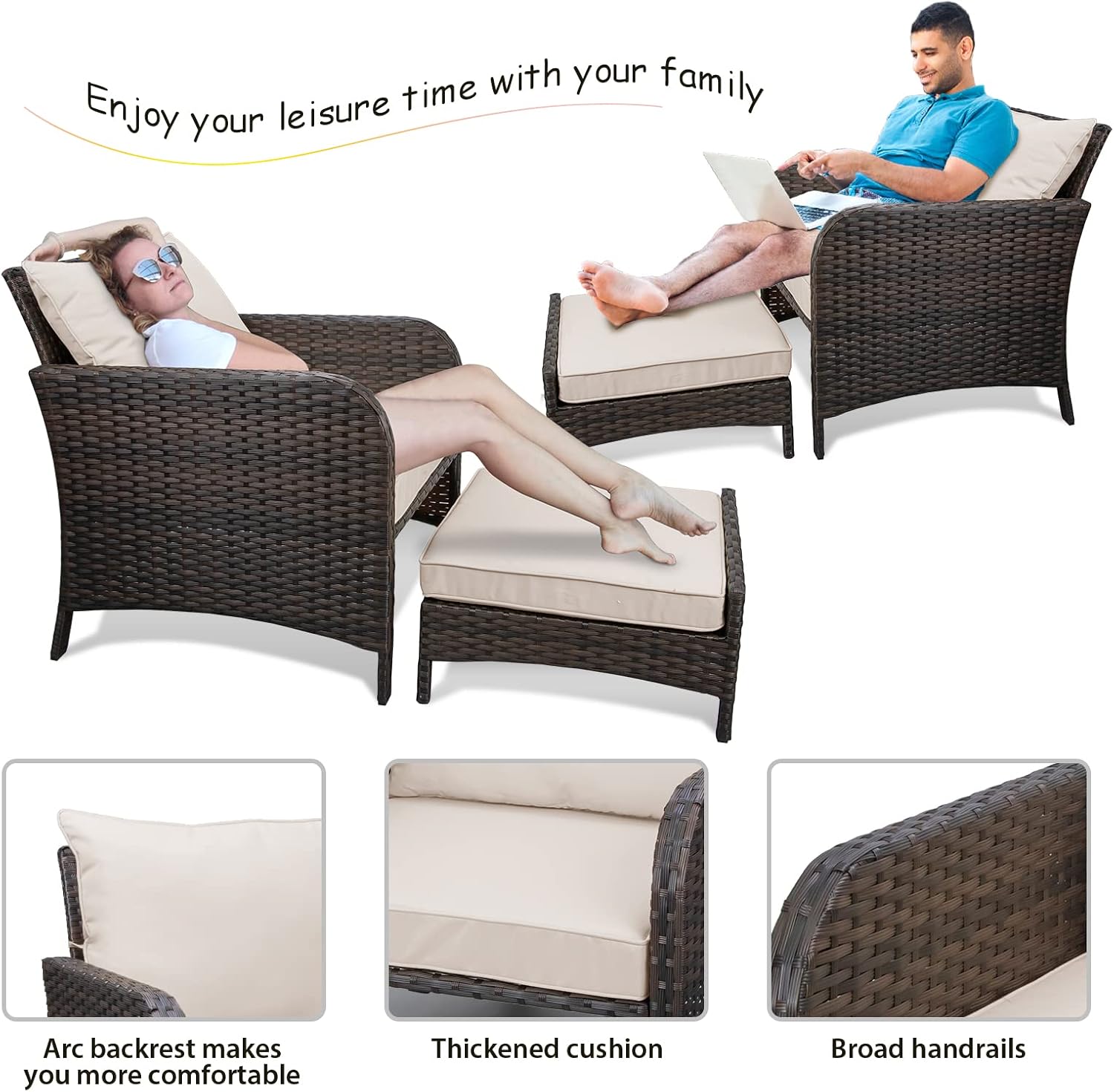 LEVELEVE Balcony Furniture 5 Piece Patio Conversation Set, PE Wicker Rattan Outdoor Lounge Chairs with Soft Cushions 2 Ottoman&Glass Table for Porch, Lawn-Brown Wicker