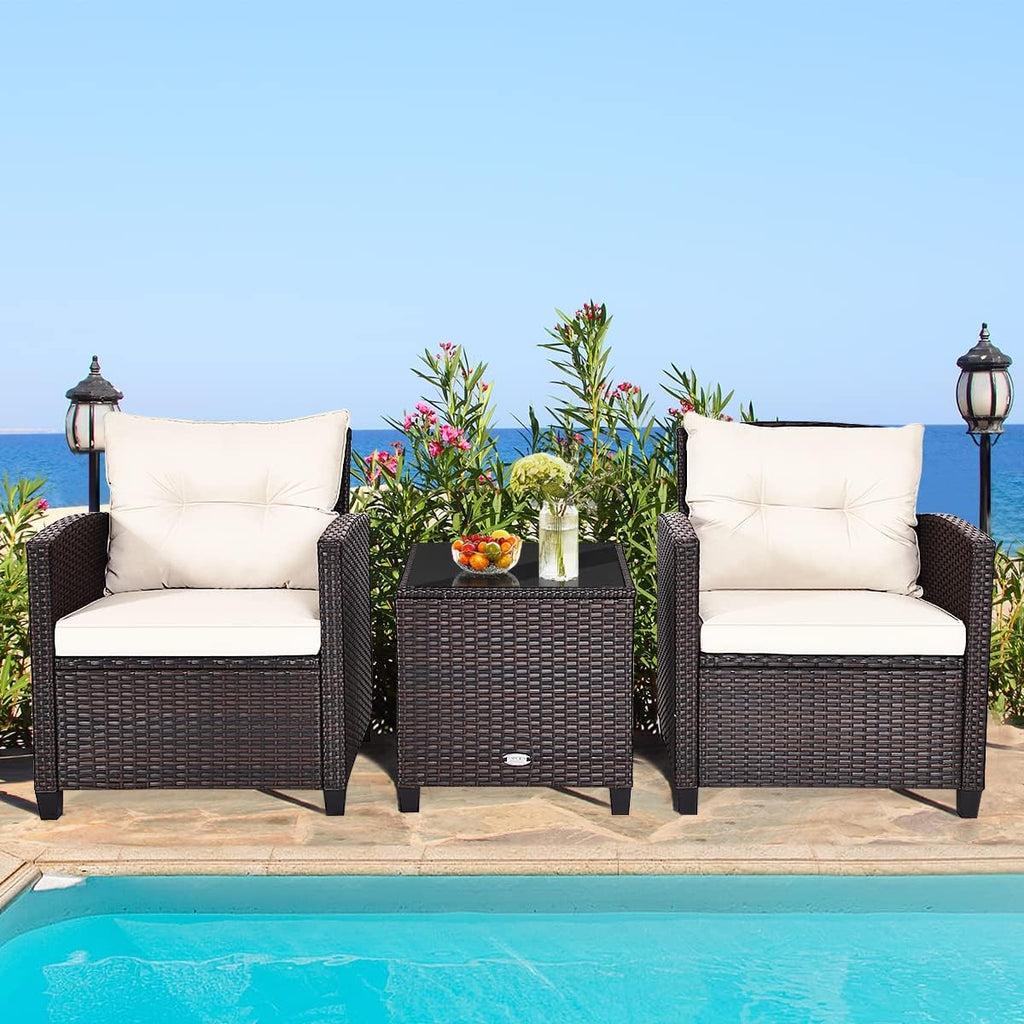 RELAX4LIFE 3 Piece Patio Furniture Set, Wicker Bistro Conversation Set w/ 2 Cushioned Armchairs & Glass Topped Table, Outdoor Rattan Sofa for Porch Balcony Poolside (White)