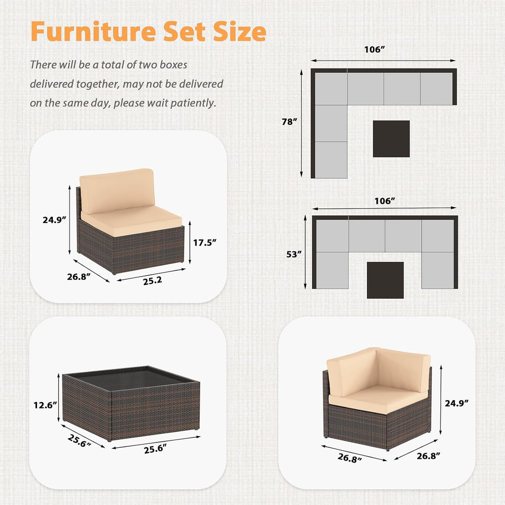 AECOJOY 7 Piece Outdoor Patio Furniture Set, Outdoor Sectional Conversation Furniture Chair with Coffee Table,Patio Sectional for Garden,Backyard(Khaki Cushions and Brown PE Rattan)