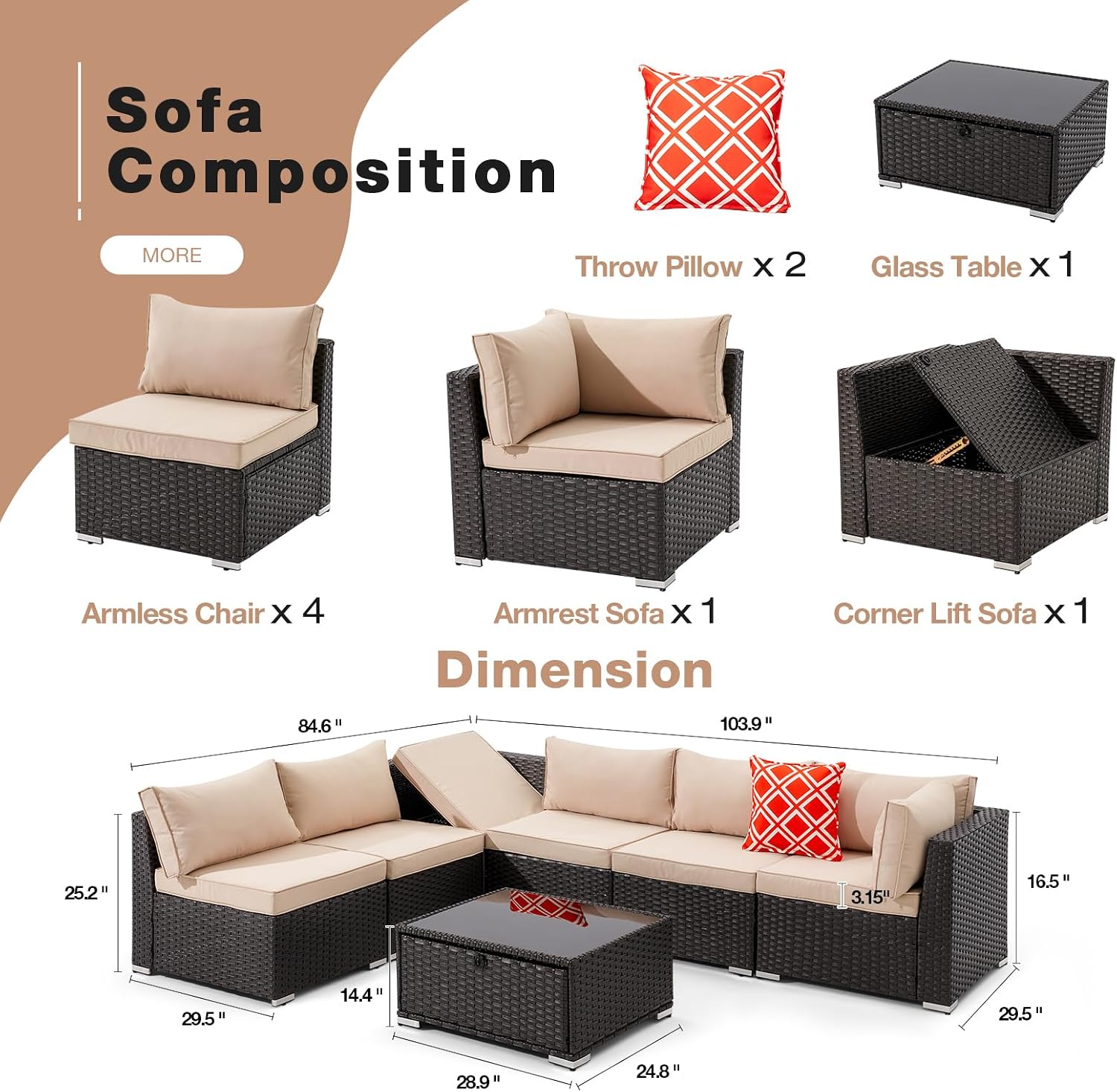 HOMREST 7 Piece Outdoor Patio Furniture, Hand Woven PE Rattan Patio Conversation Sets, Outdoor Sectional Set with Storage Table, Cushions and Pillows, Lift Sofa for Garden, Balcony, Lawn