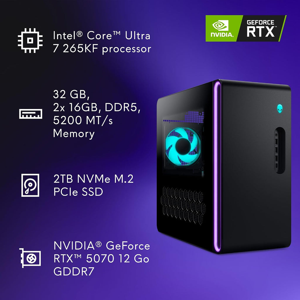 Alienware Aurora Gaming Desktop ACT1250 - Intel Core Ultra 7 265KF Processor, Liquid Cooled, NVIDIA GeForce RTX 5070, 32GB DDR5 RAM, 2TB SSD, 1000W Platinum Rated PSU, Windows 11 Home - Clear Panel