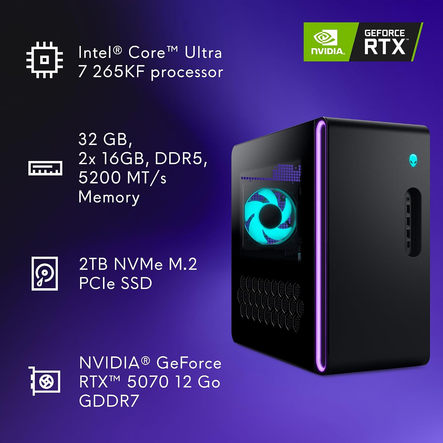 Alienware Aurora Gaming Desktop ACT1250 - Intel Core Ultra 7 265KF Processor, Liquid Cooled, NVIDIA GeForce RTX 5070, 32GB DDR5 RAM, 2TB SSD, 1000W Platinum Rated PSU, Windows 11 Home - Clear Panel