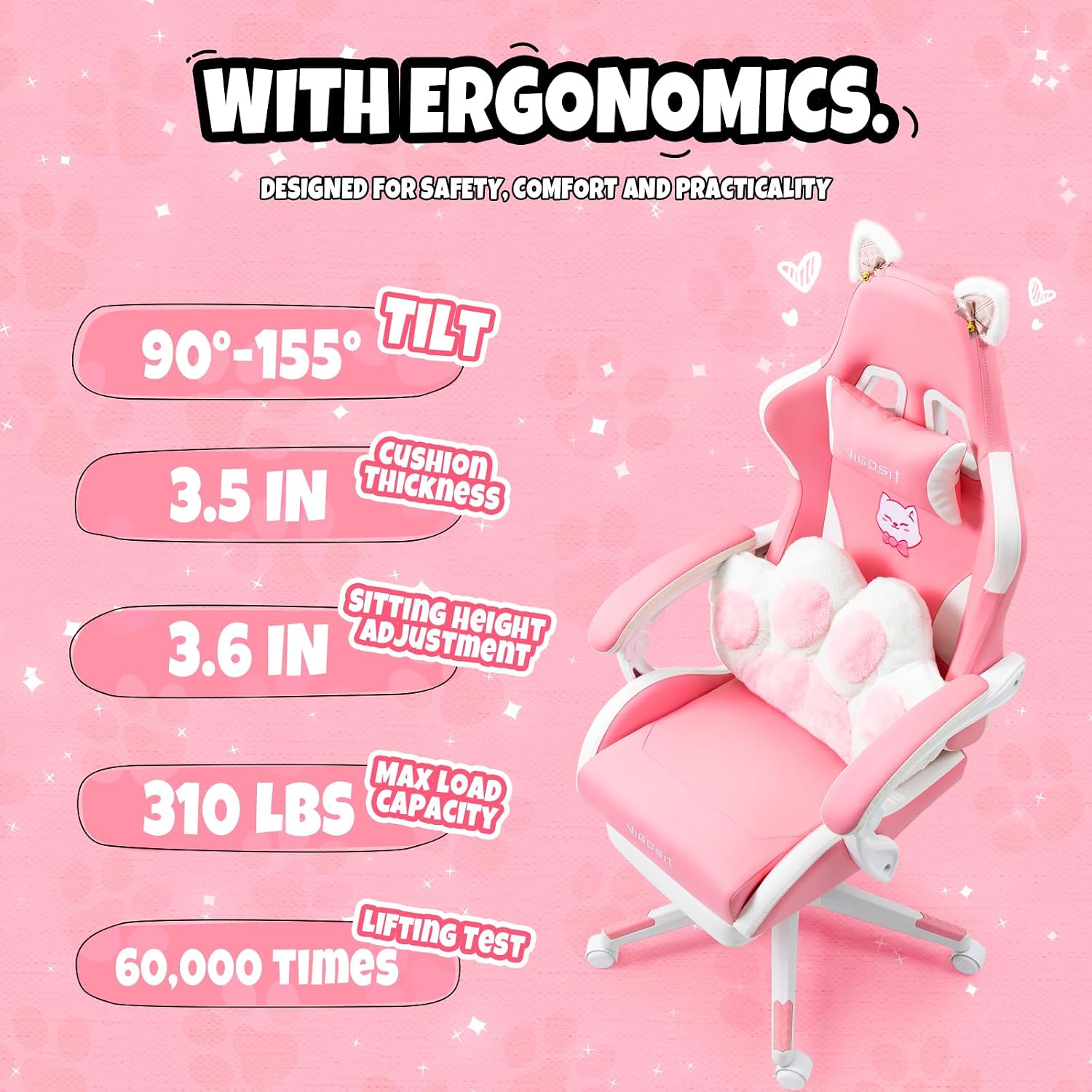 Vigosit Pink Cat Gaming Chair with Footrest, Ergonomic Cute Gamer Chair with Cat Ears, Comfortable Desk Computer Chair for Girls Adults