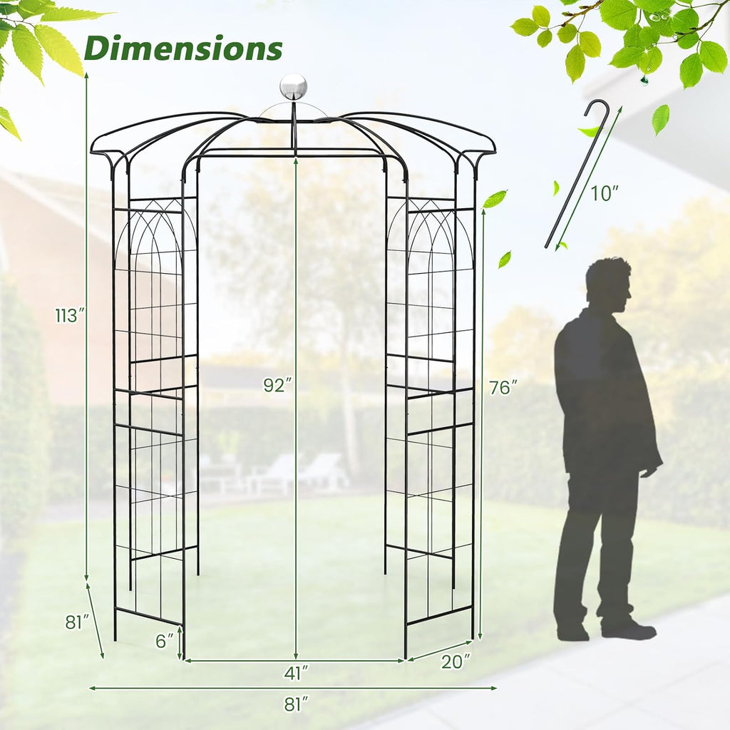 Moccha Birdcage Shape Gazebo, 9.4' H x 6.8' W Pergola Pavilion Arbor for Climbing Plants, French Style Arch Trellis with 8 Ground Stakes, Outdoor Metal Garden Arch for Wedding Party Decoration, Black