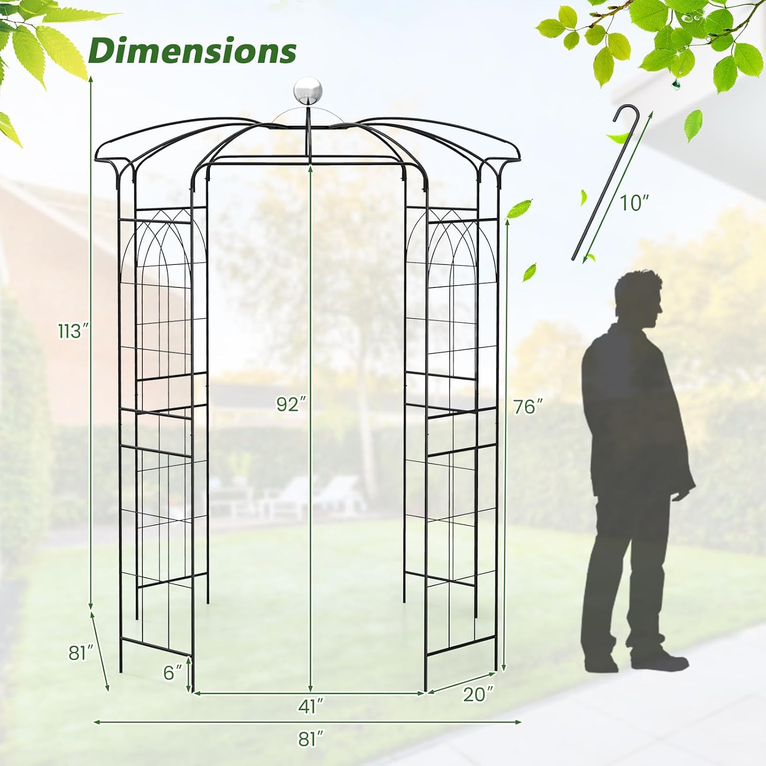 Moccha Birdcage Shape Gazebo, 9.4' H x 6.8' W Pergola Pavilion Arbor for Climbing Plants, French Style Arch Trellis with 8 Ground Stakes, Outdoor Metal Garden Arch for Wedding Party Decoration, Black