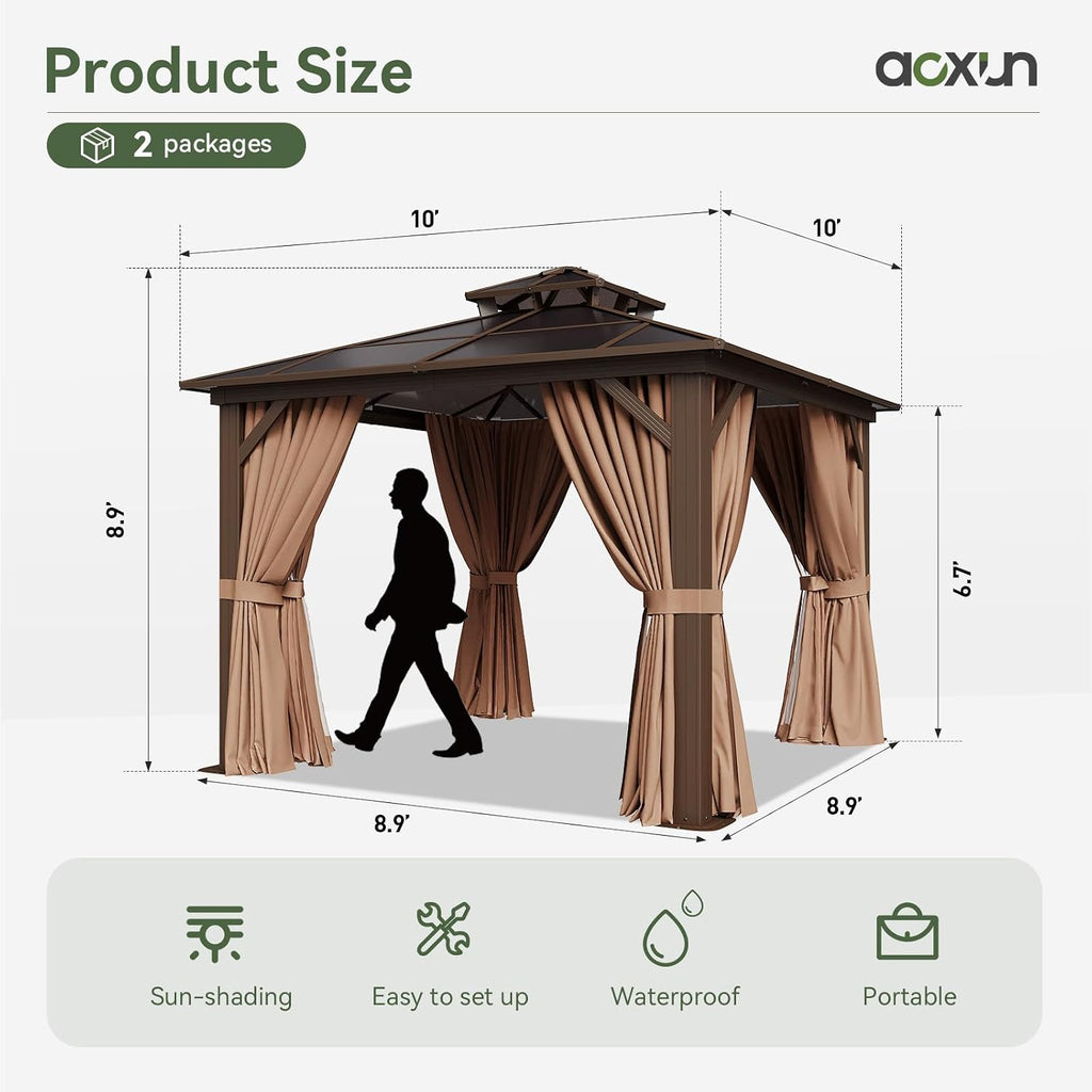 Aoxun 10'x10' Hardtop Gazebo, Outdoor Polycarbonate Double Top Canopy, Aluminum Frame Gazebo with Netting and Curtains, Sunshade for Patios, Gardens, Lawns