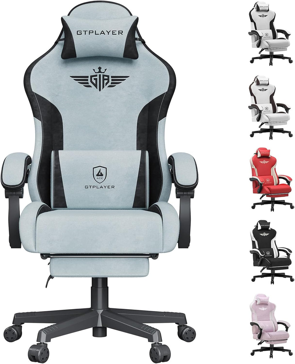 GTPLAYER Gaming Chair, Computer Office Chair Lumbar Support, Linkage Armrests and Footrest, Ergonomic Game Chair for Adults with Extended Backrest, Velvet Fabric, Light Blue