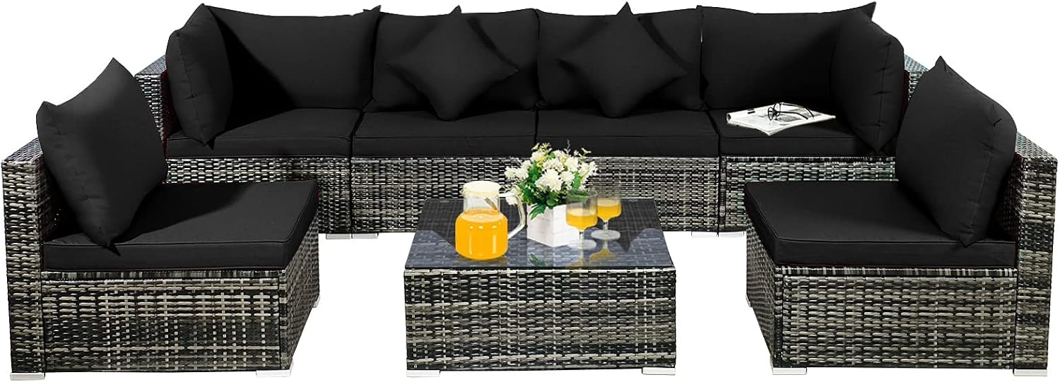 Tangkula 7 Pieces Patio Rattan Furniture Set, Patiojoy Outdoor Conversation Set with Cushions and Tempered Glass Coffee Table, All-Weather Sectional Sofa Set for Garden, Lawn, Backyard (Black)