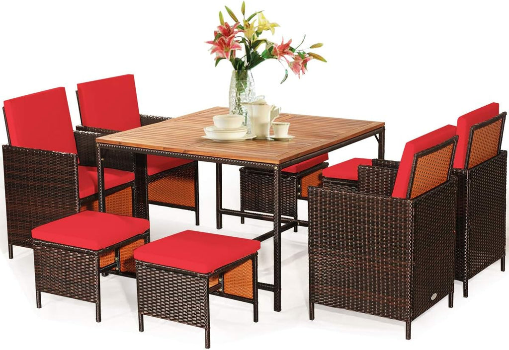 Tangkula 9 Pieces Acacia Wood Patio Dining Set, Space Saving Wicker Chairs and Wood Table with Umbrella Hole Outdoor Furniture Set, Suitable for Garden, Yard, Poolside, Outdoor Seating Set