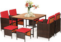 Tangkula 9 Pieces Acacia Wood Patio Dining Set, Space Saving Wicker Chairs and Wood Table with Umbrella Hole Outdoor Furniture Set, Suitable for Garden, Yard, Poolside, Outdoor Seating Set