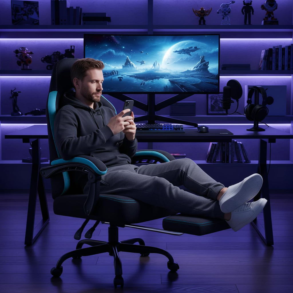LEMBERI Gaming Chair, Fabric Big and Tall Video Game Chairs with Footrest, Massage Lumbar Support, Racing Style Ergonomic Computer Gamer Chair with Adjustable Headrest (Blue)