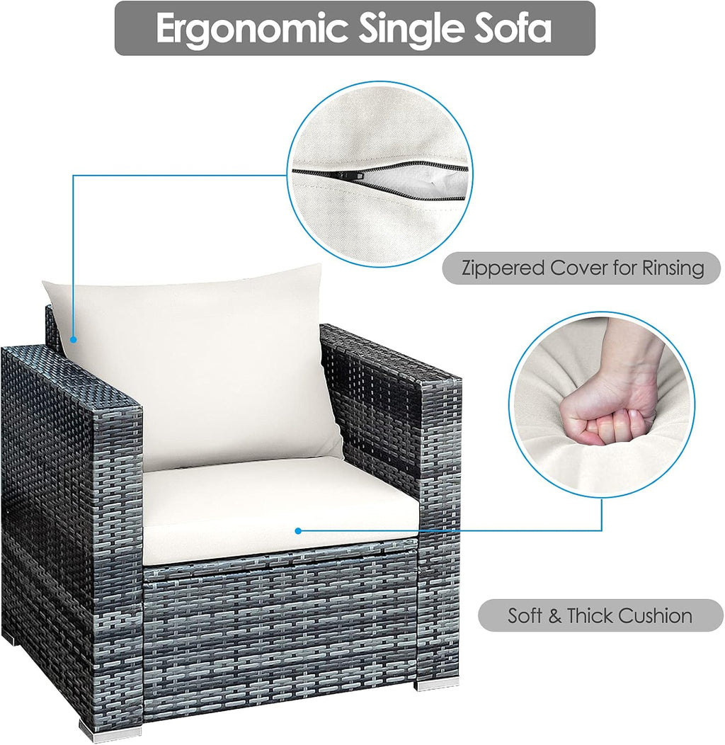 HAPPYGRILL 3 PCS Patio Conversation Set Outdoor Rattan Wicker Sofa Set with Coffee Table Patio Furniture Set with Soft Cushions for Balcony Porch Backyard Garden