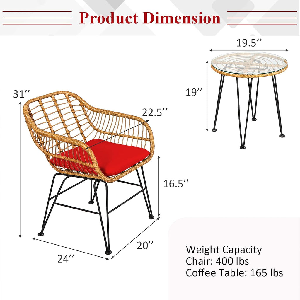 Tangkula 3 Pieces Patio Bistro Set, Rattan Conversation Set with 2 Cushioned Armchairs & Round Glass Coffee Table, Indoor Outdoor Wicker Furniture Set for Balcony, Backyard, Garden, Poolside