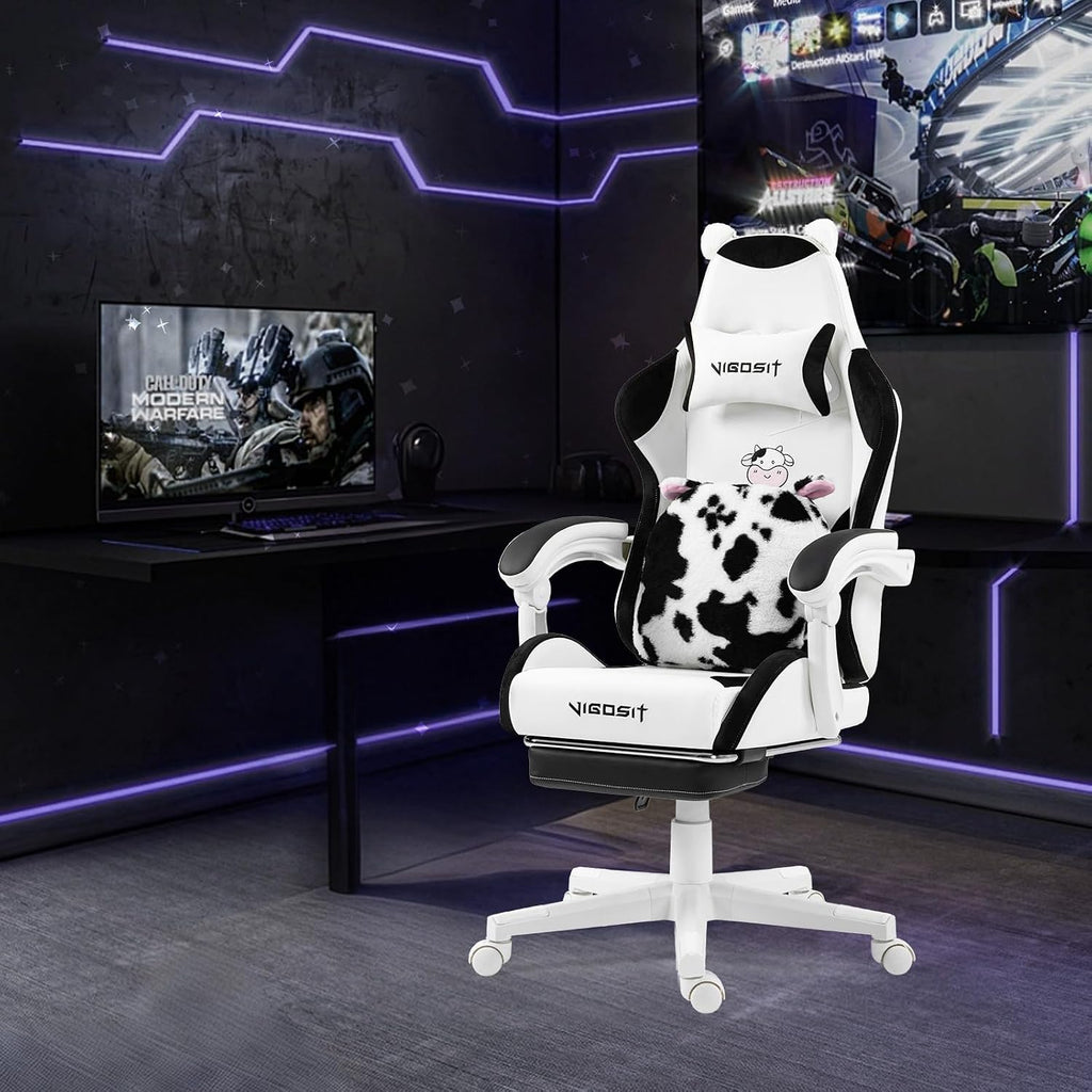 Vigosit Cute Gaming Chair with Footrest - Ergonomic Computer Chair Cow Print Design, High Back PU Leather Office Chairs with Lumbar Support for Adults