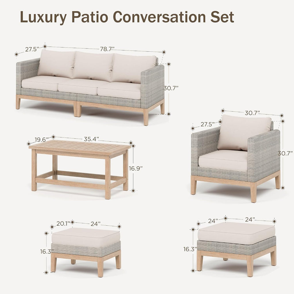 PHI VILLA All Weather Wicker Patio Furniture Sets, 5 Pieces Outdoor Natural Rattan Sectional Sofa Conversation Set with Acacia Wood Coffee Table & Waterproof Cushions, 2 Ottomans for Apartment Balcony