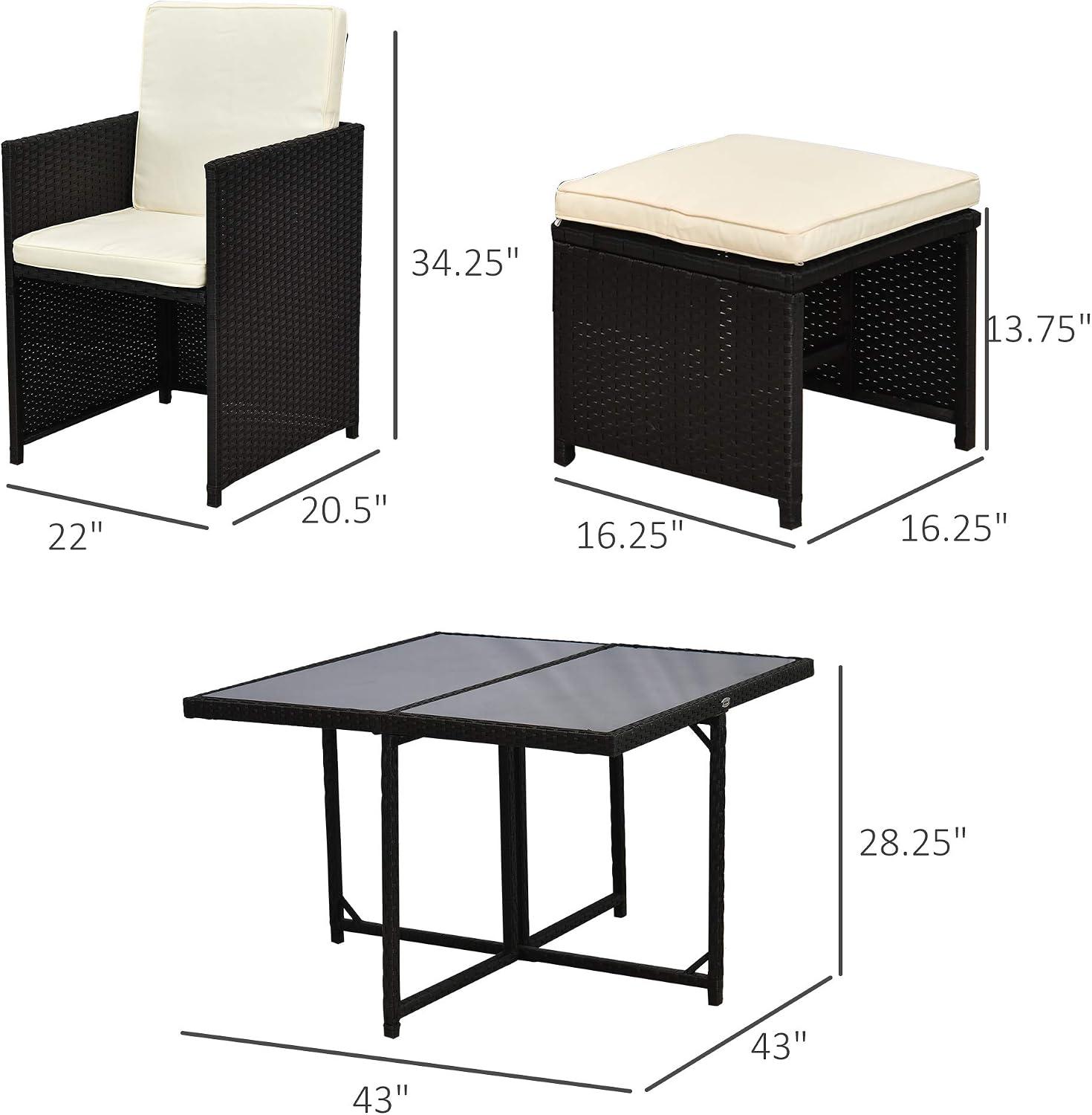 Outsunny 9 Pieces Outdoor Dining Set for 8, Space Saving Wicker Chairs and Square Glass Table with Cushions and Ottomans, Rattan Conversation Patio Furniture Set for Garden, Black/Cream White