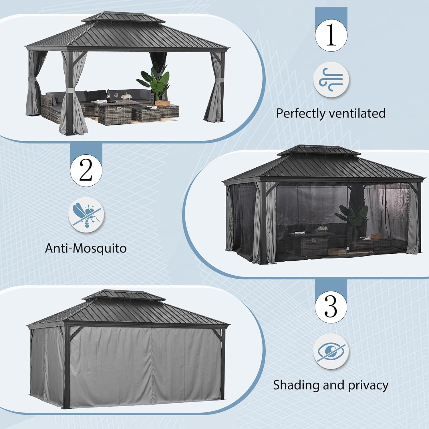 Aoxun 12' x 16' Permanent Hardtop Gazebo with Galvanized Steel Double Roof and Aluminum Frames Outdoor Large Pavilion Gazebo for Patio Deck Garden, Nettings and Curtains Included, Gray