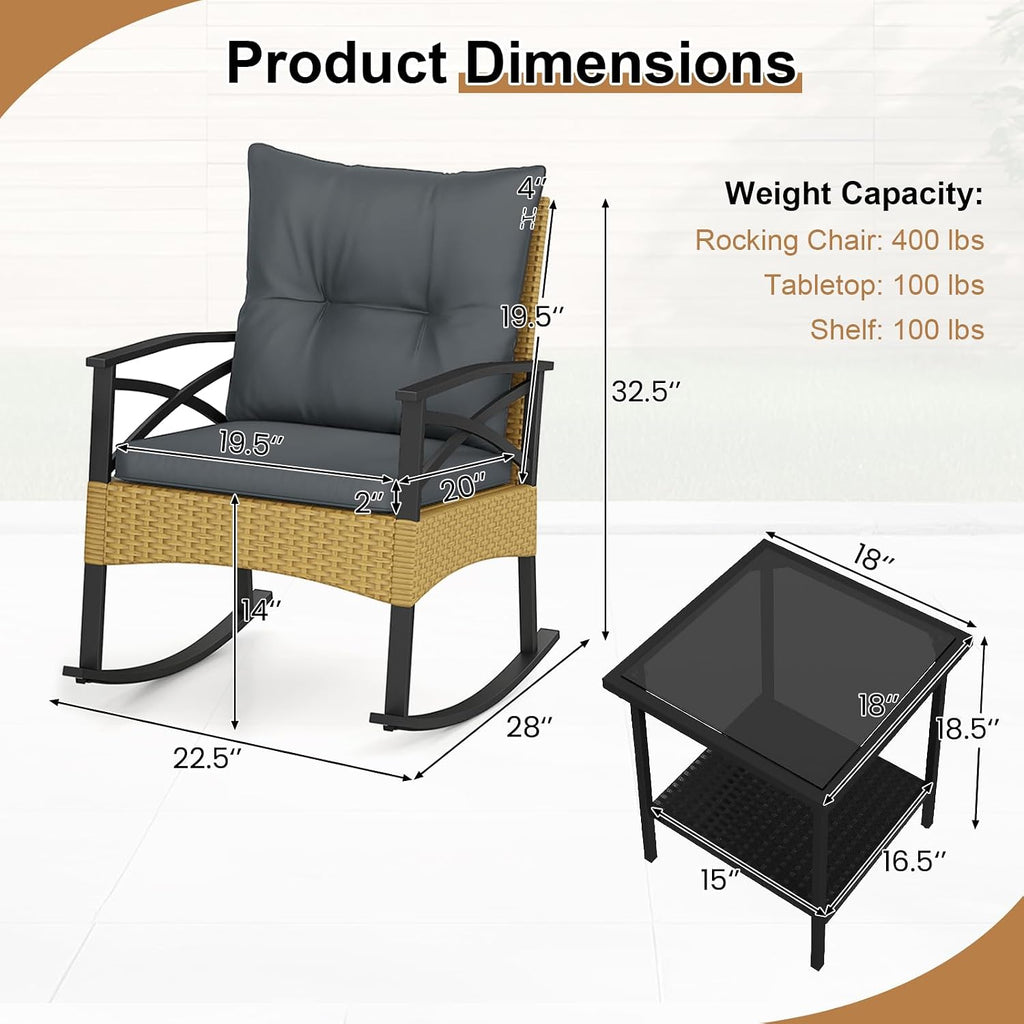 Tangkula 3 Pieces Outdoor Rocking Chairs Set, Rattan Heavy Duty Cushioned Rocker Chairs with 2-Tier Tempered Glass Coffee Table, for Garden, Balcony, Backyard (Yellow+Gray)