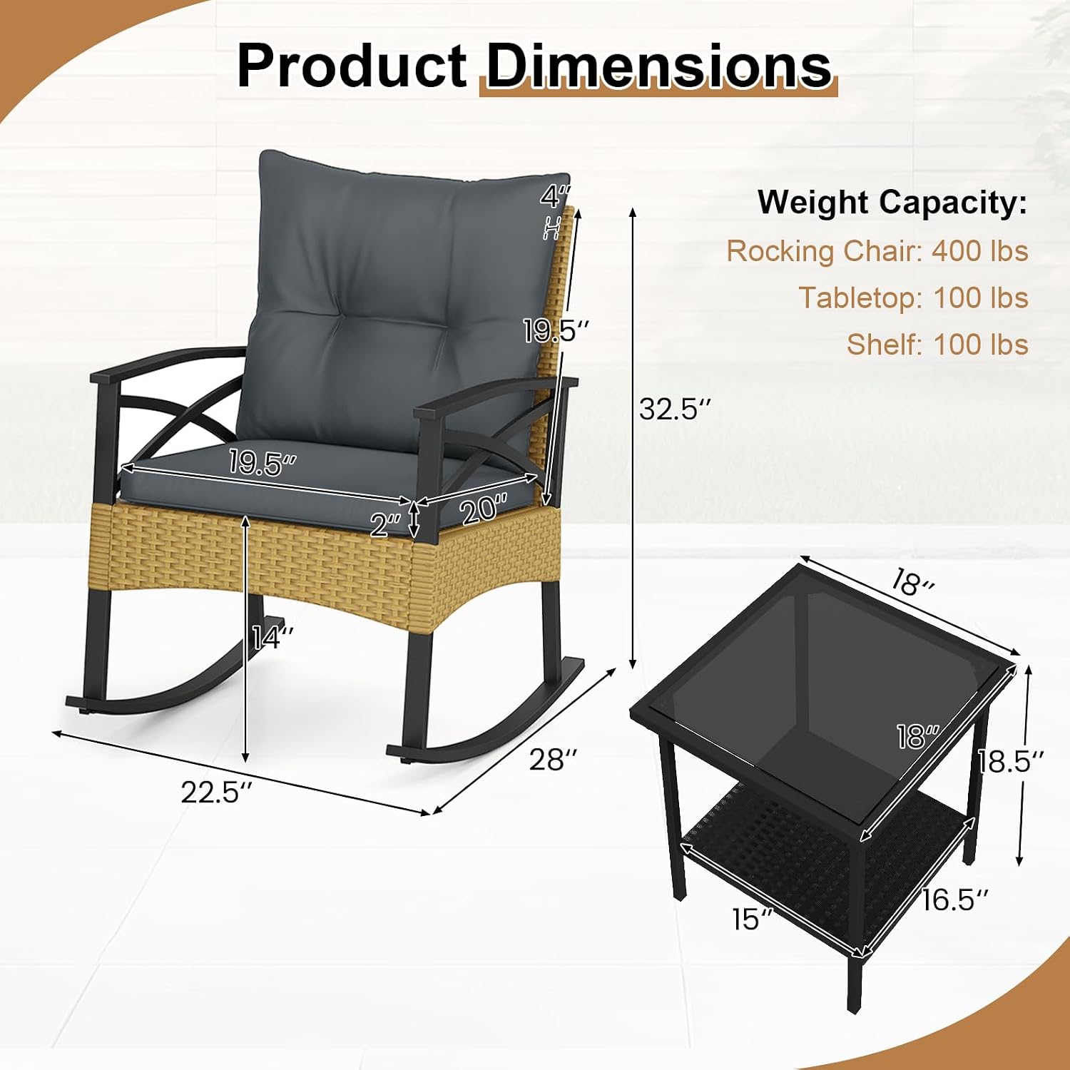 Tangkula 3 Pieces Outdoor Rocking Chairs Set, Rattan Heavy Duty Cushioned Rocker Chairs with 2-Tier Tempered Glass Coffee Table, for Garden, Balcony, Backyard (Yellow+Gray)